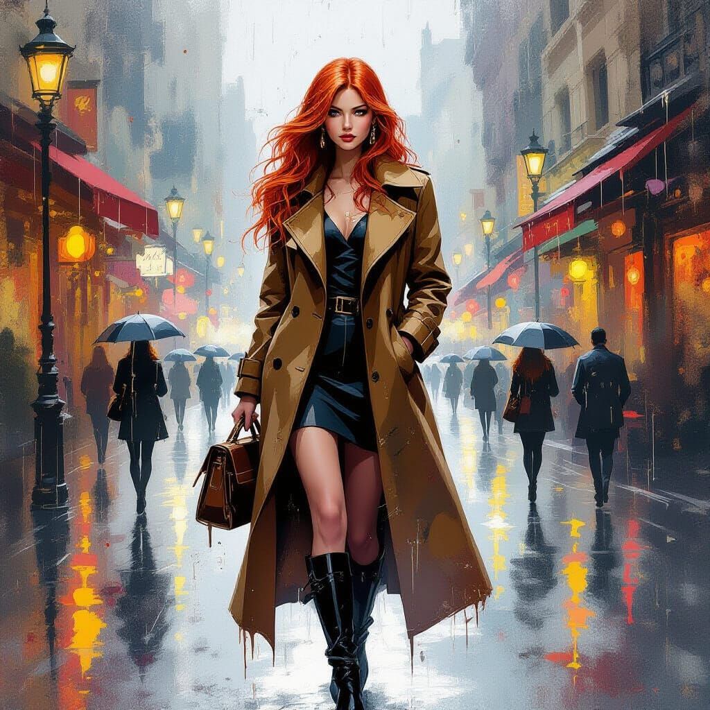 Vibrant red-haired girl, clutching a small bag in the rain, ...