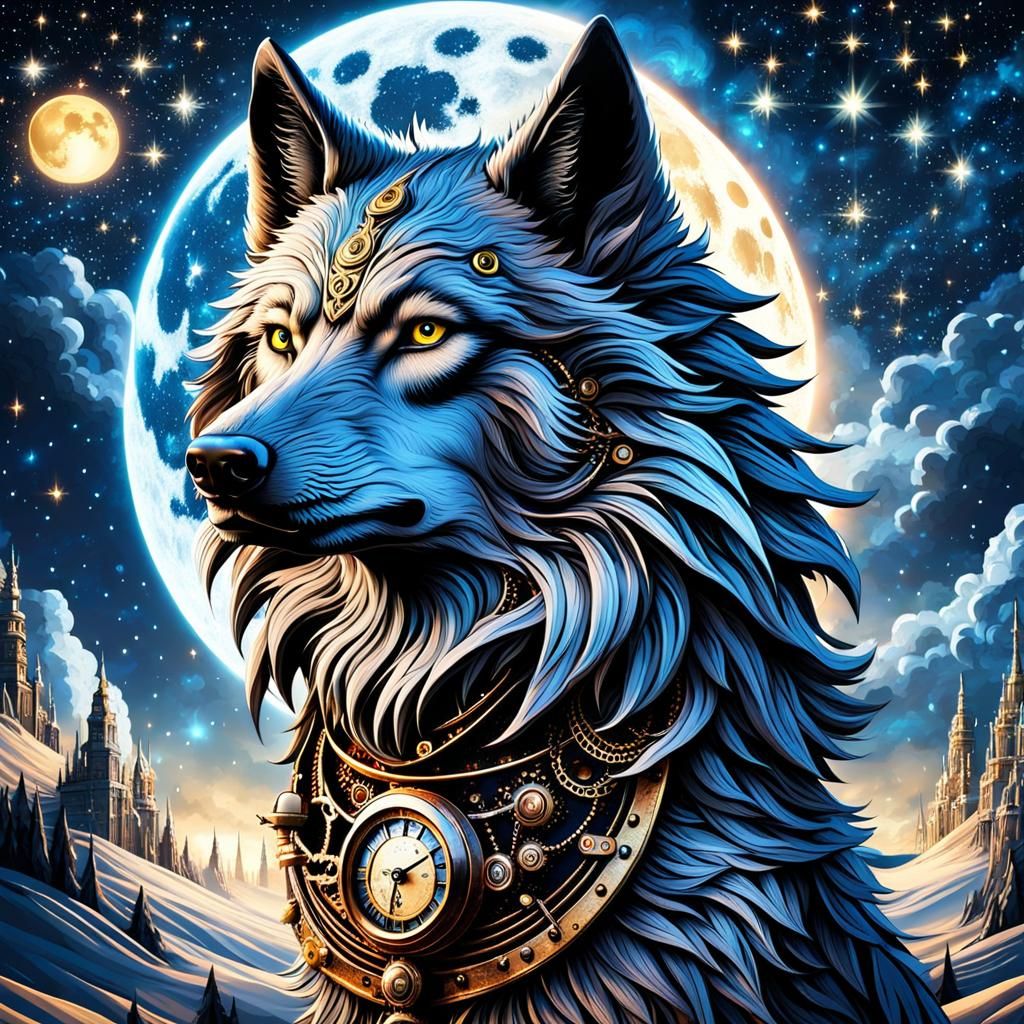 Steampunk Wolf Howling Under Starry Moon