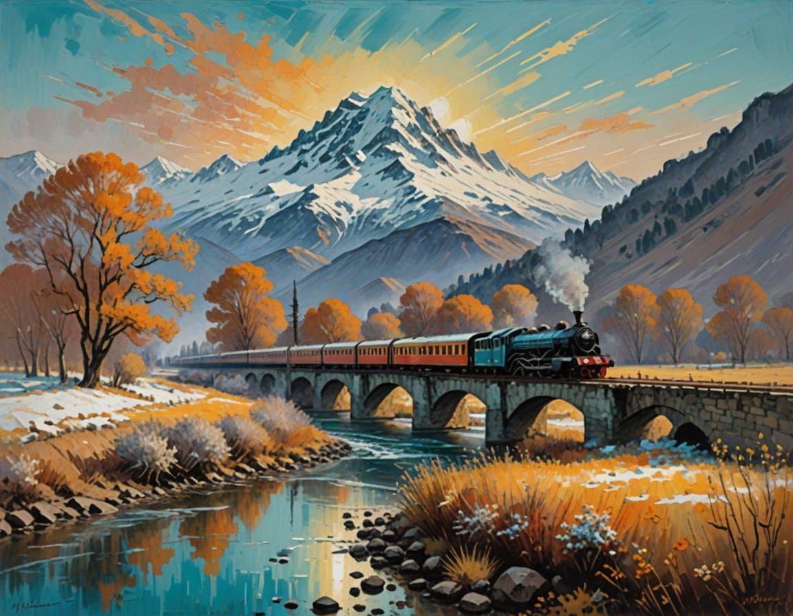 Impressionist Train Journey: Vibrant Gouache Landscape