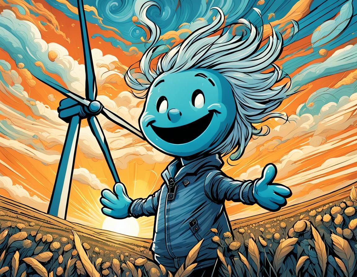 Anthropomorphic Breeze Powers Wind Farm: Comic Book Art