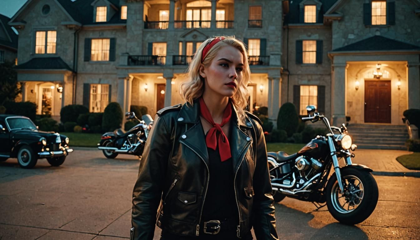 Woman with Motorcycle in Cinematic Film Still