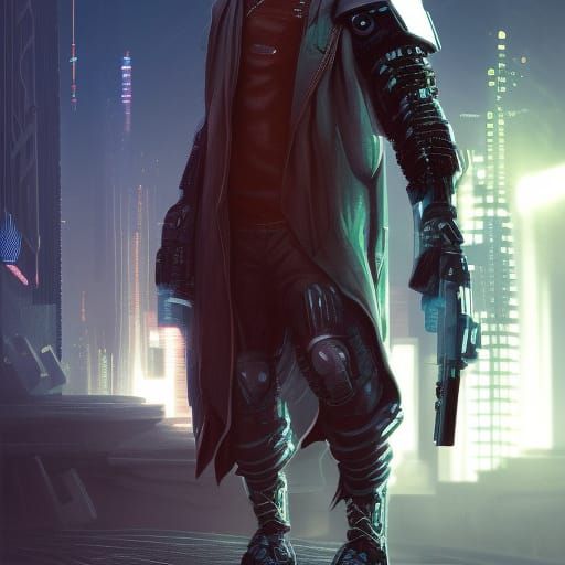 Cyberpunk Hooded Vigilante in Detailed Matte Painting