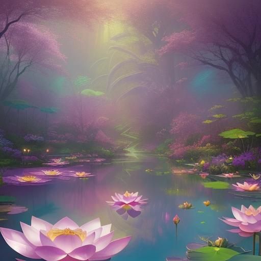 Psychedelic ethereal lake with Lotus flowers& psychedelic vibes& ethereal vibes& magical vibes& crystal vibes& shimmery ...