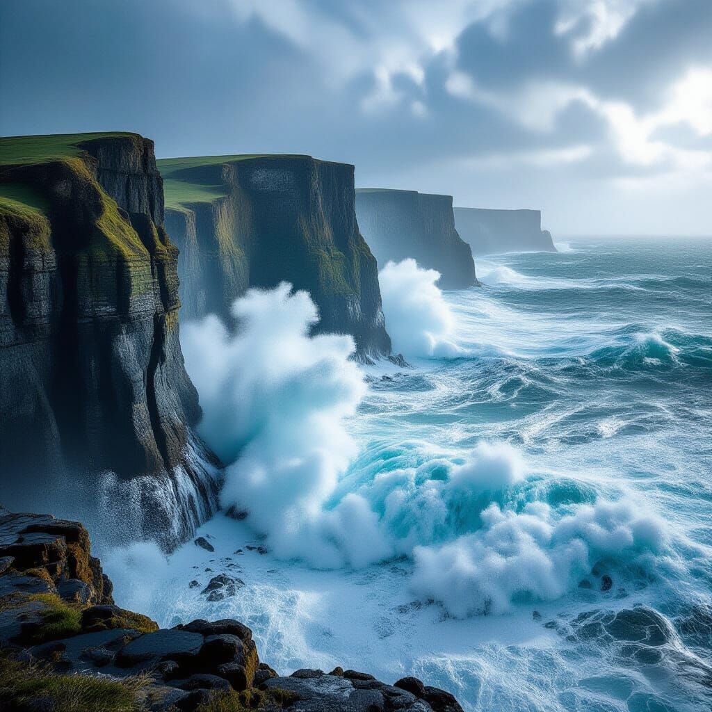 Stormy Ocean Waves Crashing on Cliffs, Dramatic Cinematic Vi...