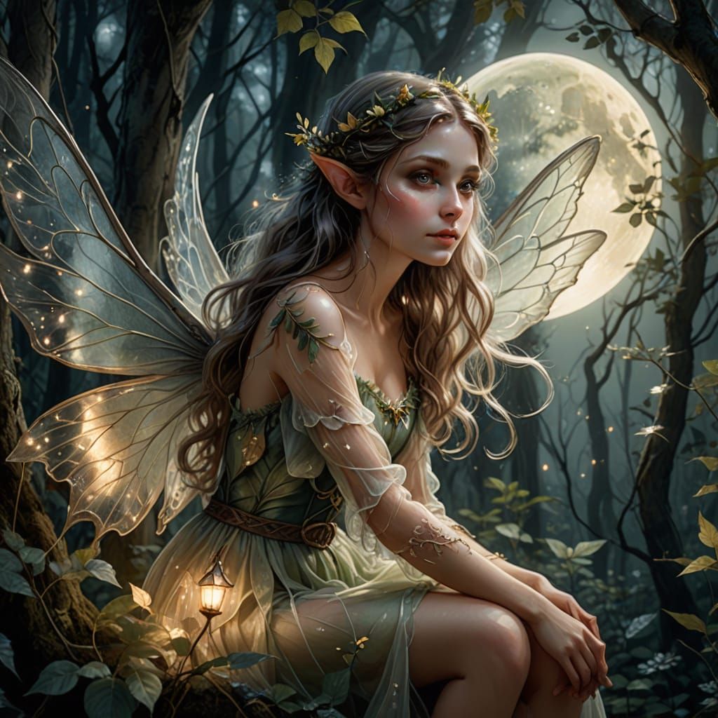 Ethereal Elf Fairy Under Moonlight in Whimsical Watercolor S...