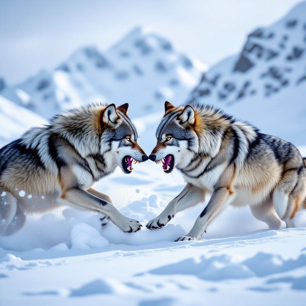Two Wolves Battle in Snowy Mountain Blizzard