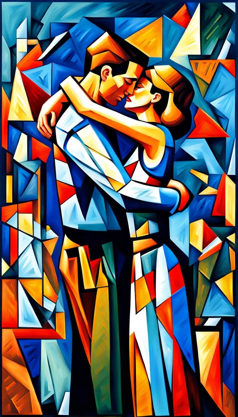 Nice couple hugging, cubist painting, Neo-Cubism, layered ov...