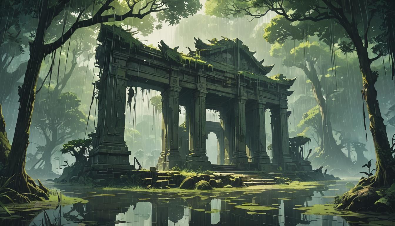 Rain-Soaked Shrine Ruins in Anime Style