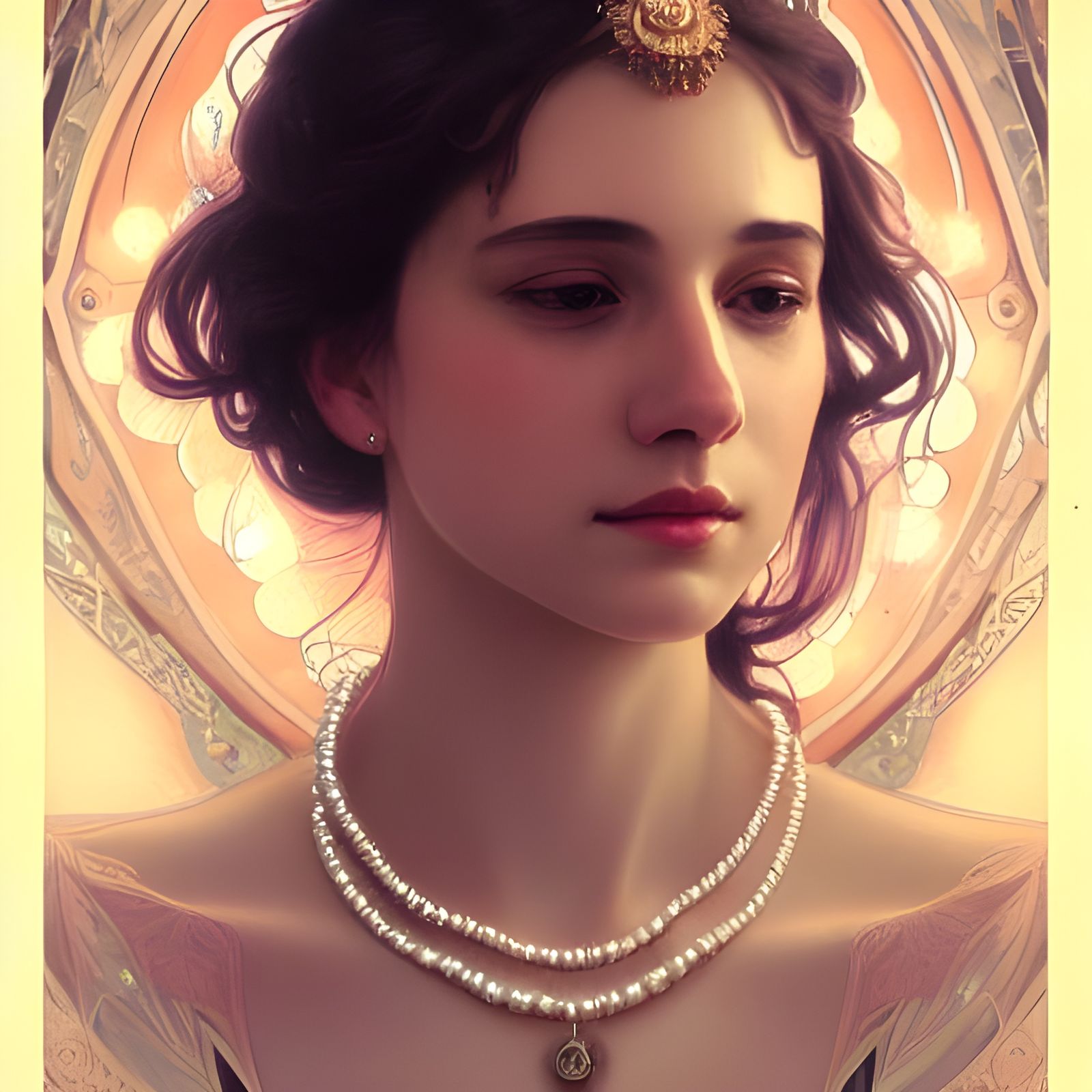 Goddess with Pearl Necklace Portrait in Art Nouveau Style