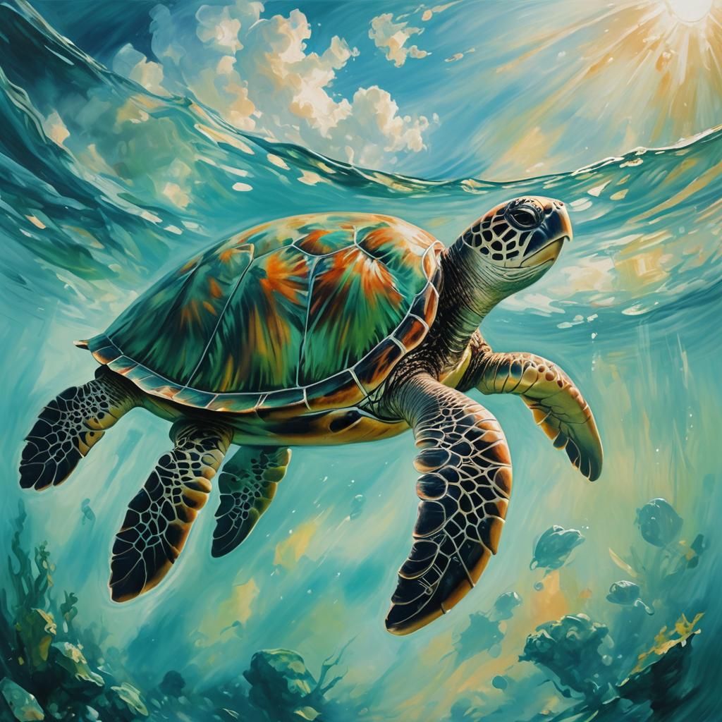 Sea Turtle in Oil Polluted Ocean: Surreal Oil Painting