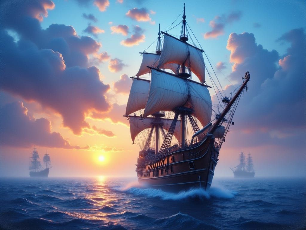 Pirate Ship on Blue Water at Sunset