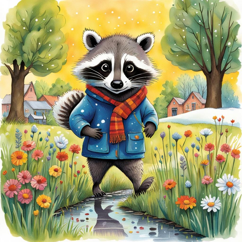 Raccoon Finds Spring: Storybook Illustration