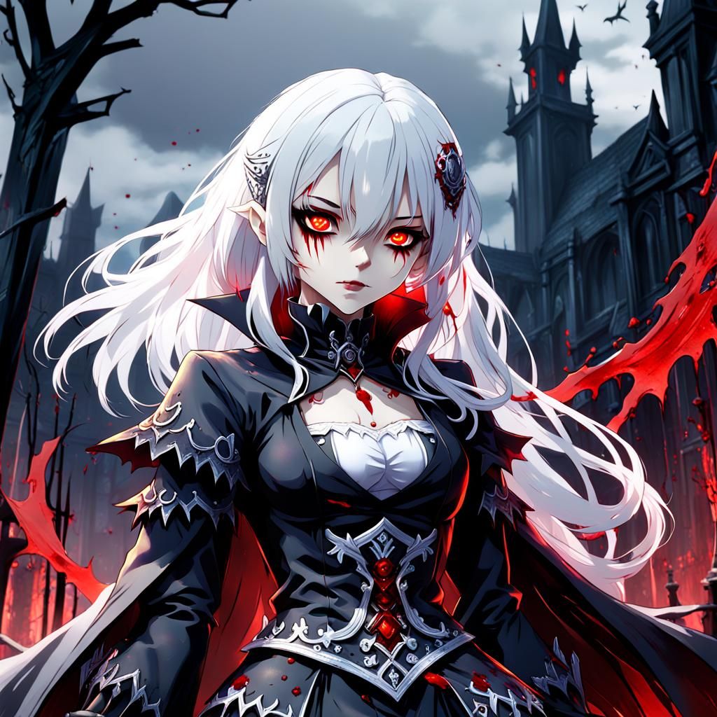 Anime Vampire Girl with Red Eyes and White Hair