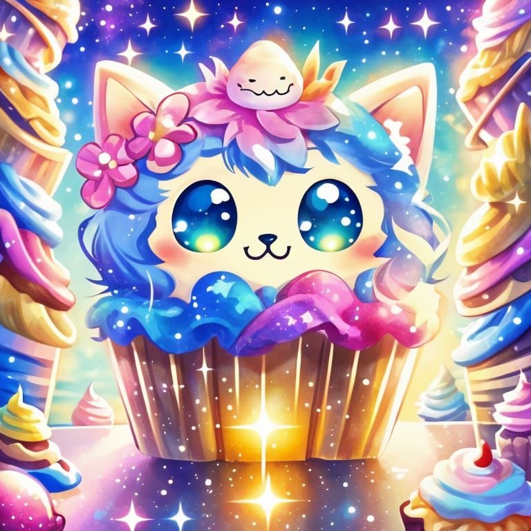Kawaii Cupcake Cat in Candy Sky