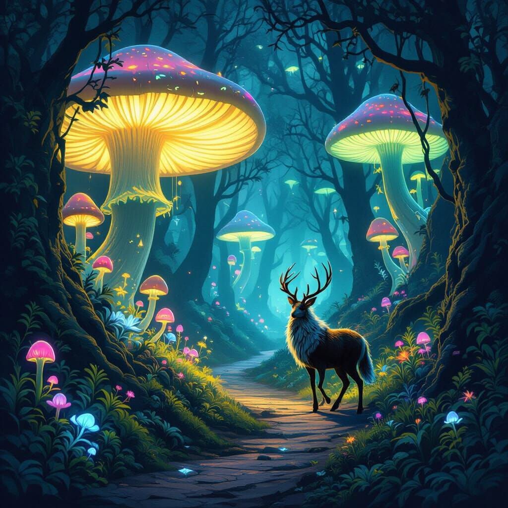 Mystical Forest Path with Glowing Mushrooms and Creature