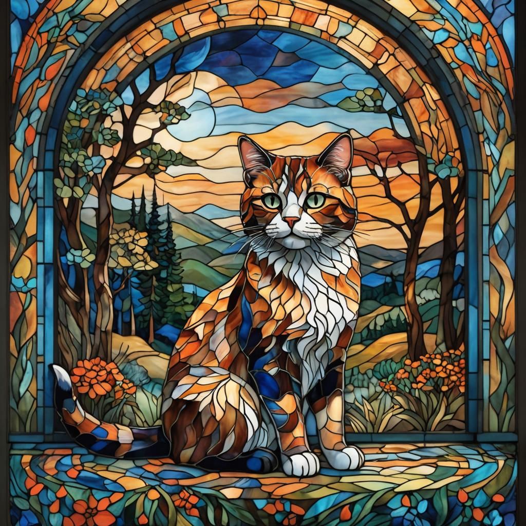 Abstract Stained Glass Cat on Windowsill