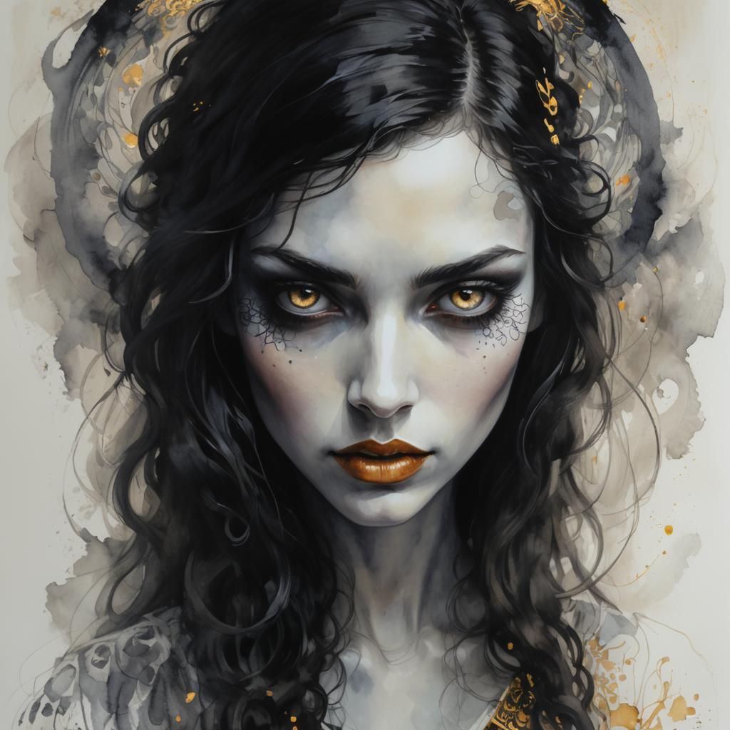 Impressionistic Devil Girl Portrait with Swirling Ink