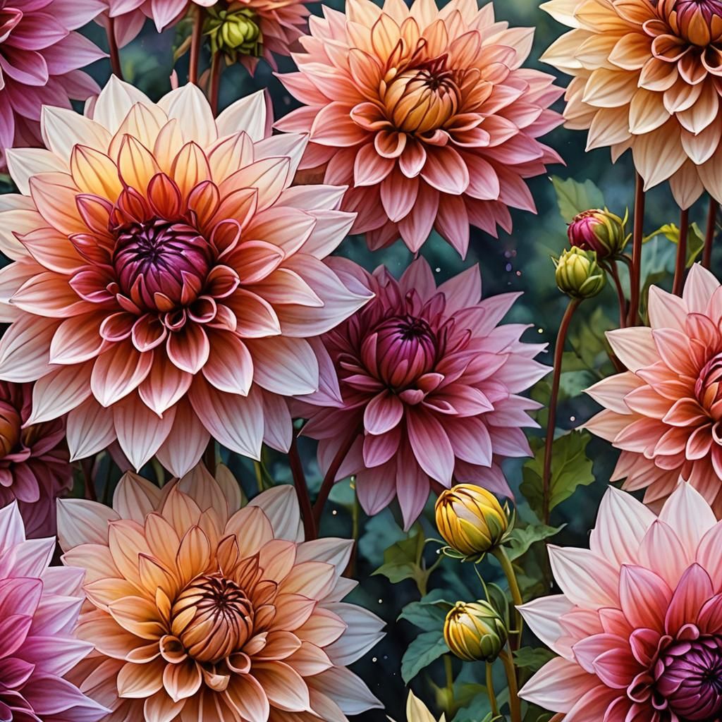 Hyperdetailed Dahlia Blossoms in Watercolor Summerscape