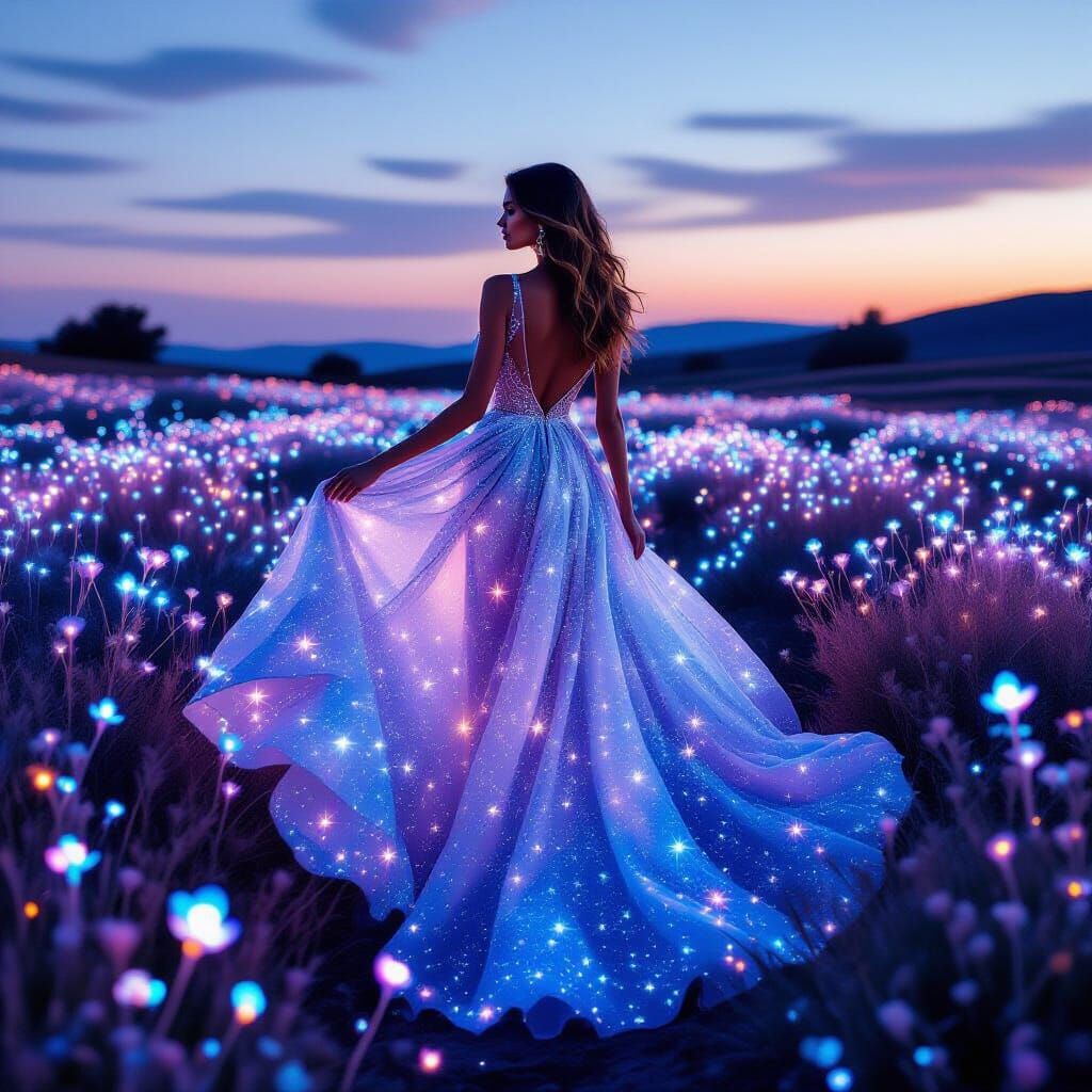 Glamorous Woman in Starlight Gown, Photorealistic Style