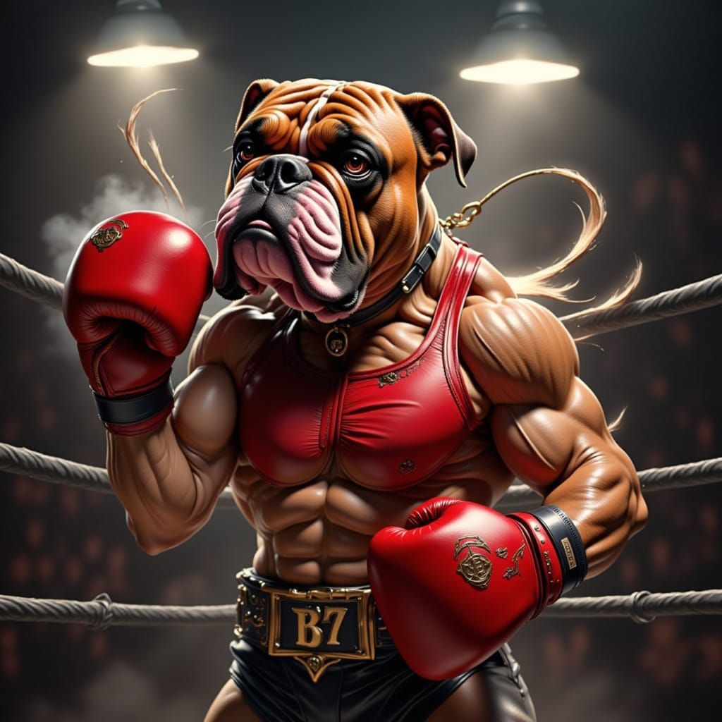 <lora:BULLDOGS:1.0>  muscular John Wick bulldog wearing muscle tee, boxing gloves in a boxing match punch punch kick