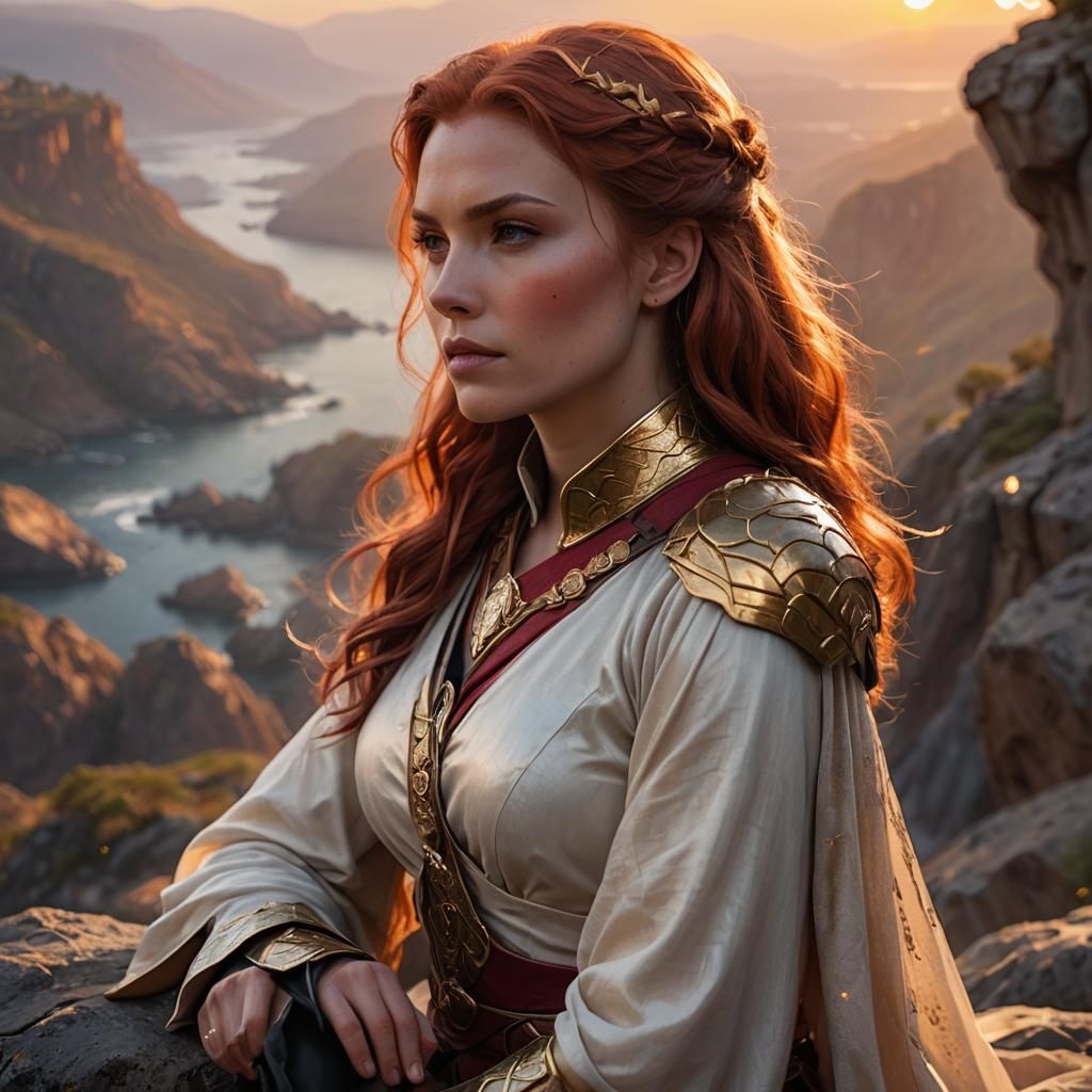 Woman in Elegant Battle Attire Gazing at Horizon