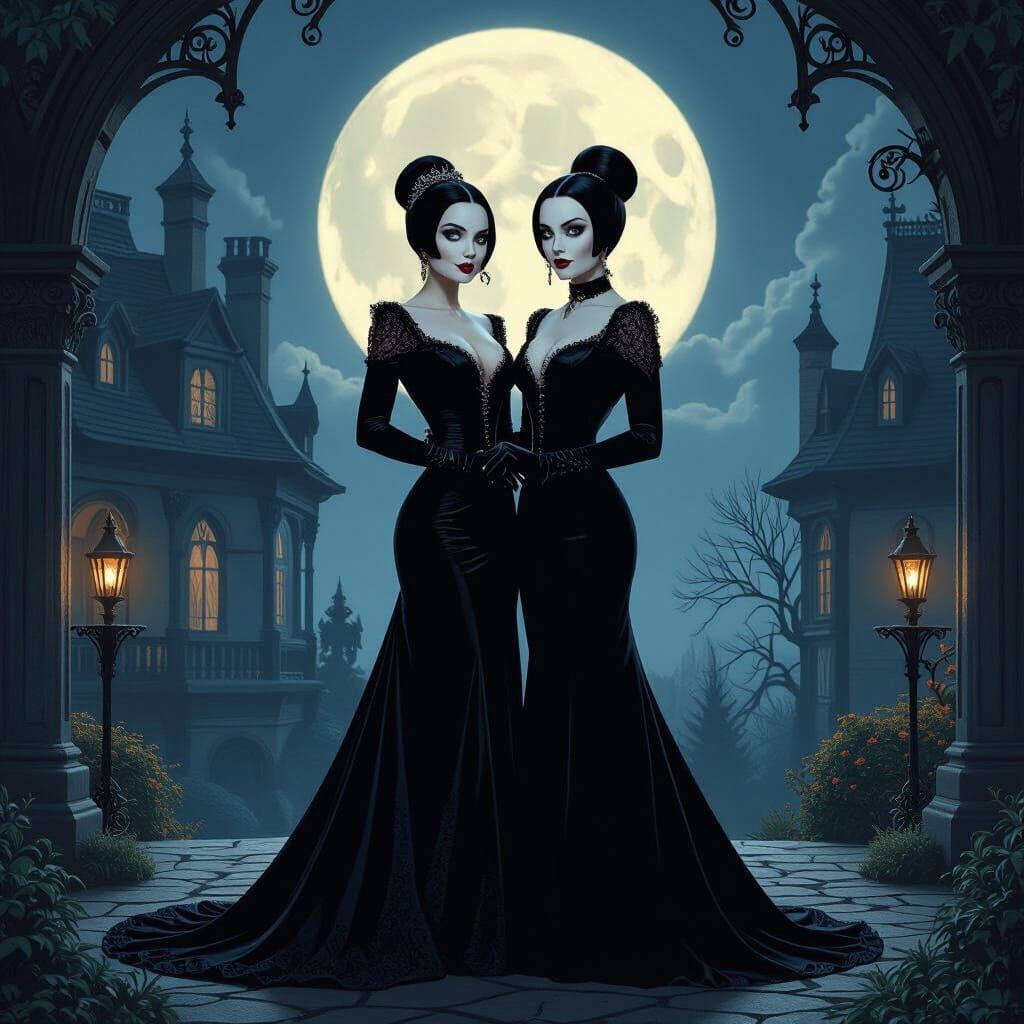 Lilly Munster and Morticia Addams in Gothic Mansion