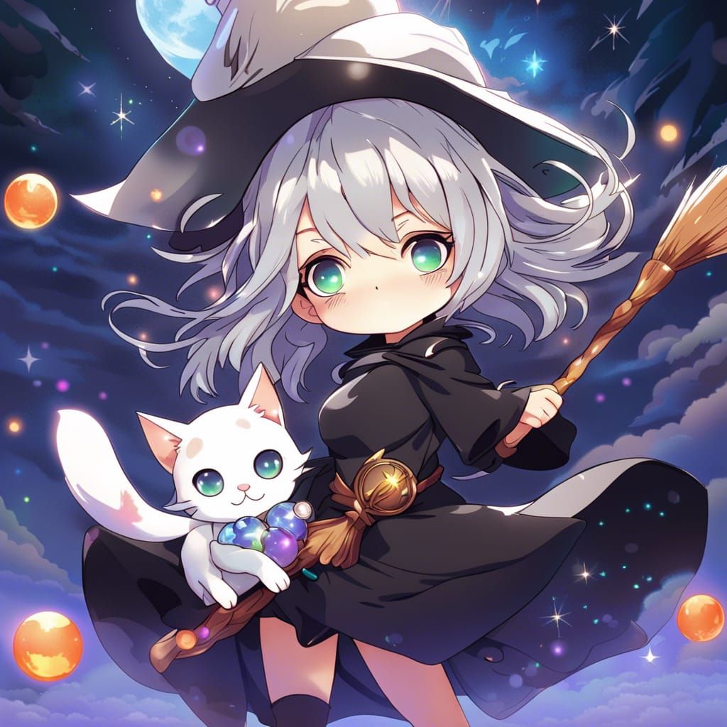 Chibi Witch on Broomstick with Cat in Anime Style