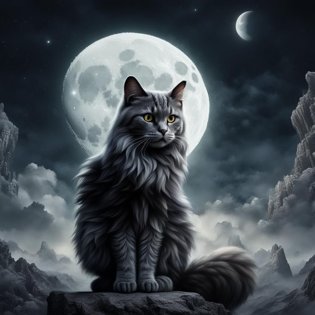 Winged Moon Cat Soaring in Digital Painting