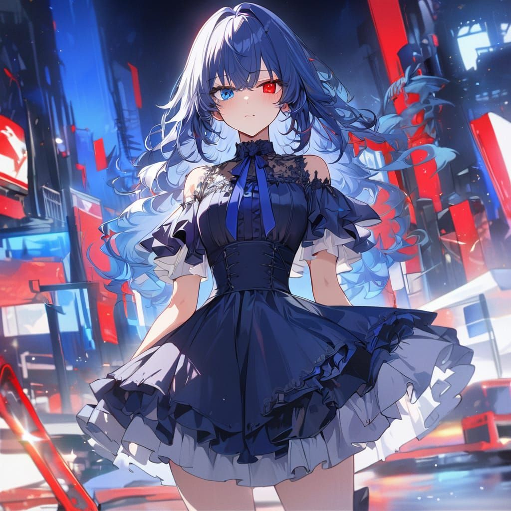 Anime Girl with Heterochromia and Elegant Dress in Vibrant C...