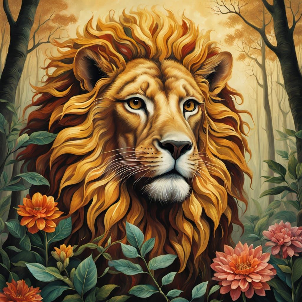 Mystical Floral Lion in Frida Kahlo Style