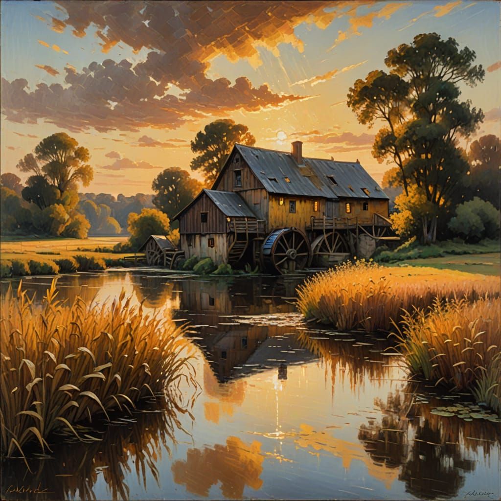 Sunset Over Rustic Watermill River Landscape