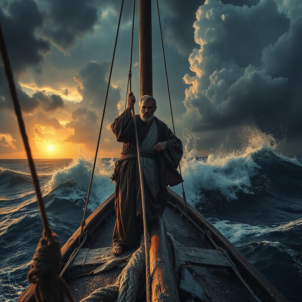 Apostle Paul Endures Turbulent Seas in Dramatic Storm Scene