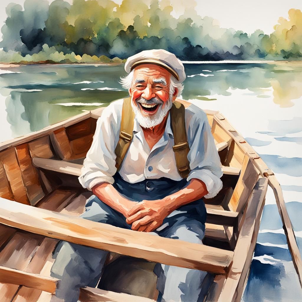 Laughing Sailor in Gouache Watercolor Boat Scene