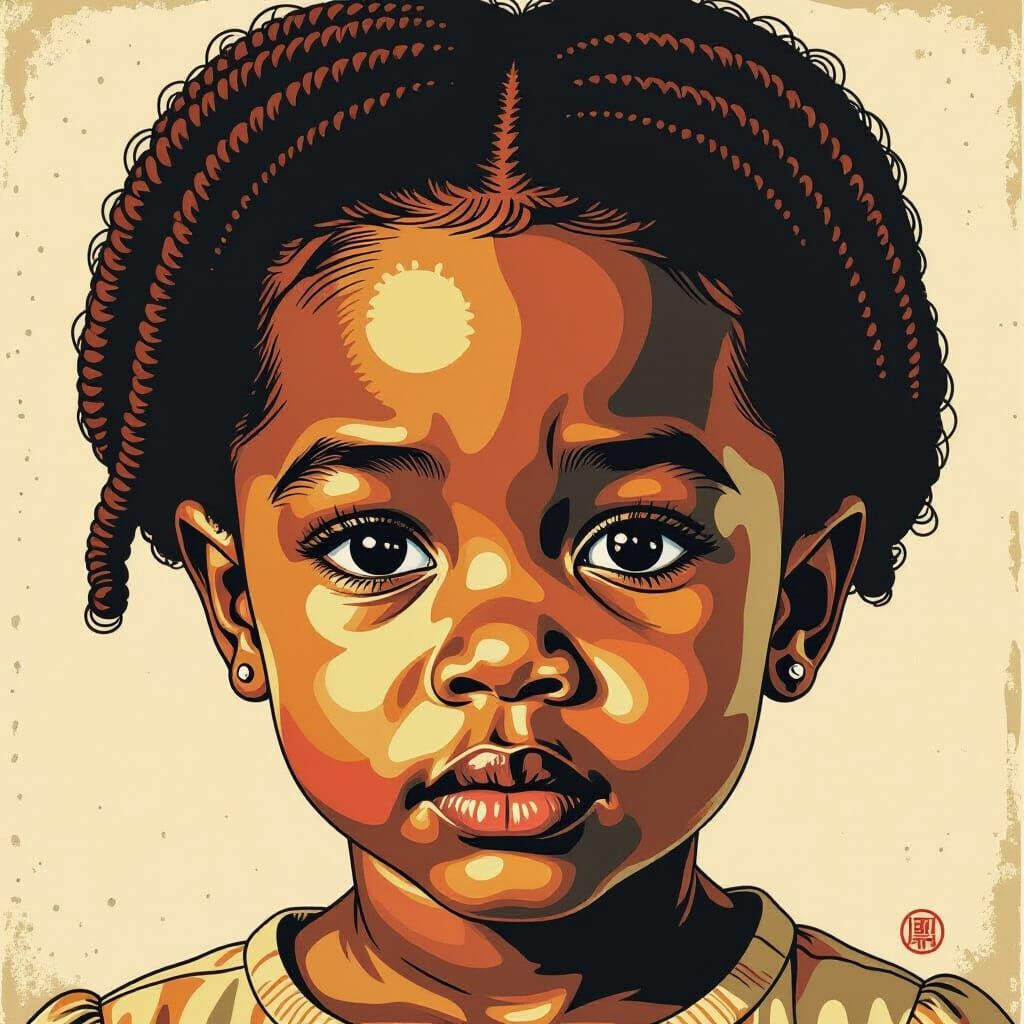 African American Girl Portrait in Linocut Style