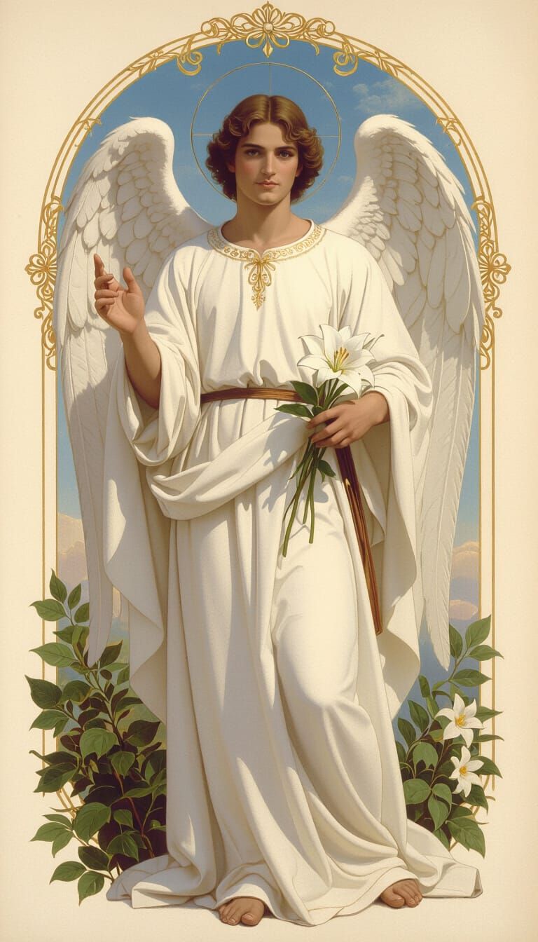 Archangel Gabriel Descends with Lily and Mighty Wings