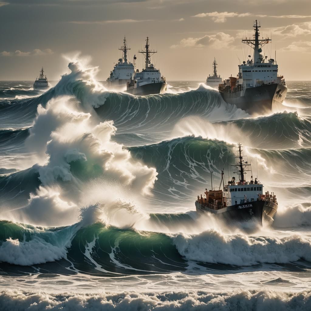 Tsunami Wave Devouring Ships in Dramatic Seascape