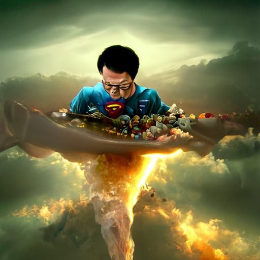 Hyperrealistic Man Saves the World: Digital Illustration