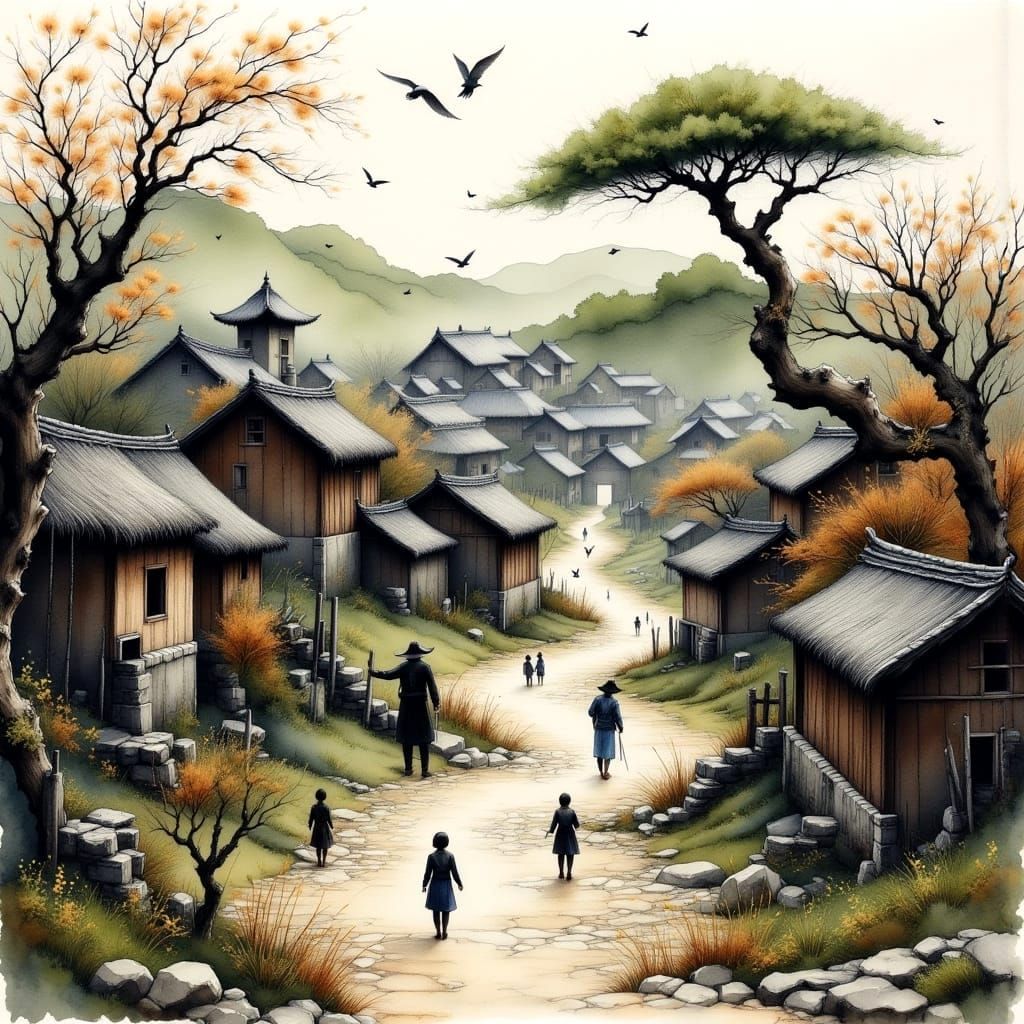 Rustic Chinese Village in Grungy Watercolor Style