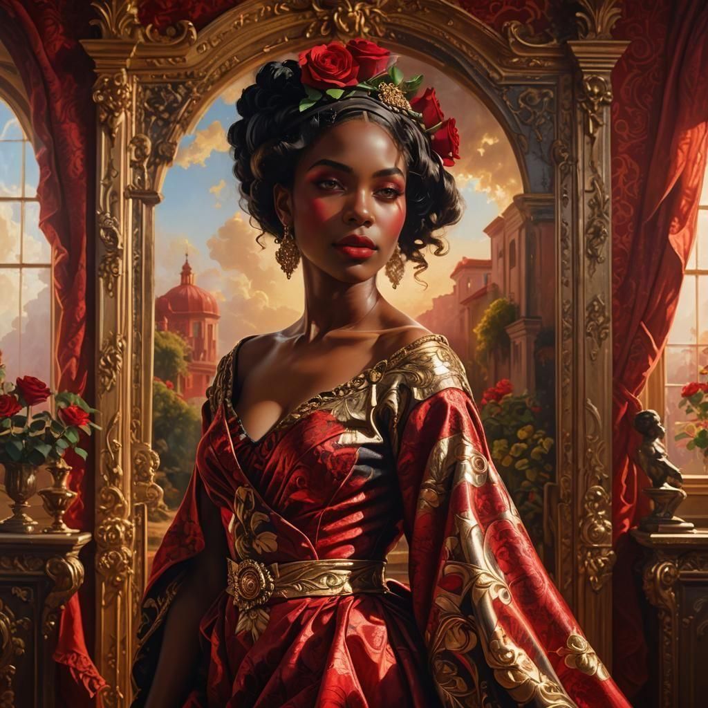 Black Woman Wrapped in Red Rose in Ornate Room