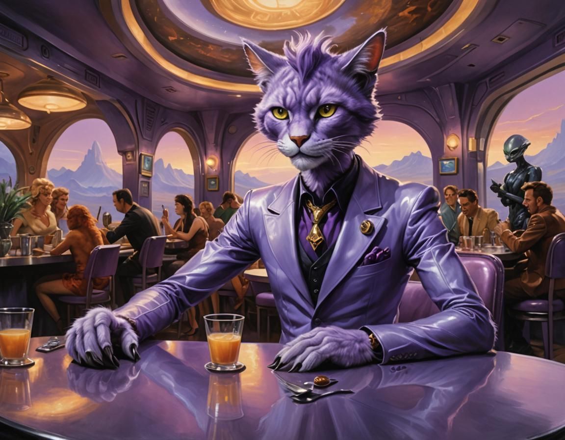 Furry Feline Alien in Futuristic Cafe Scene