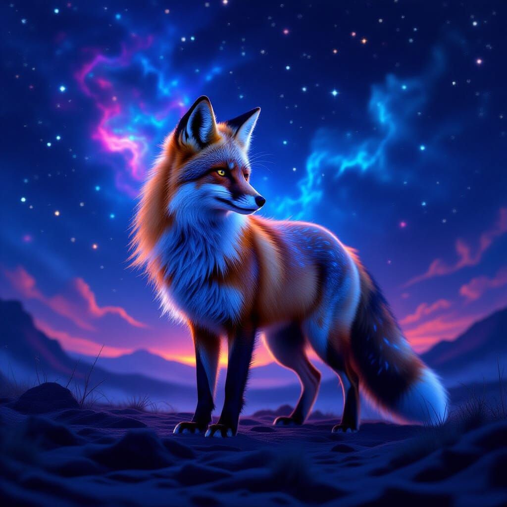 Celestial Fox Against Cosmic Swirls in Dark Fantasy Style