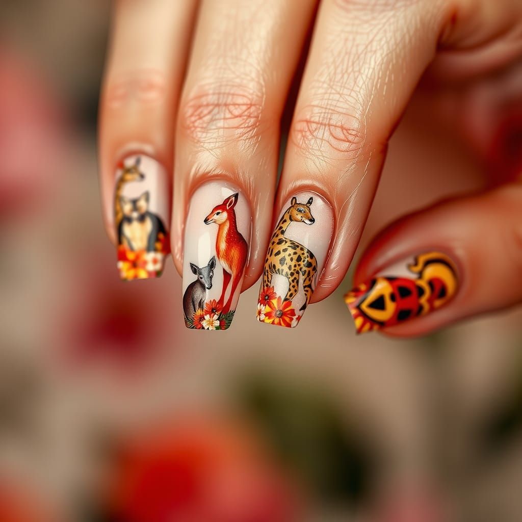 High-Fashion Nail Art with Animals and Gold Details