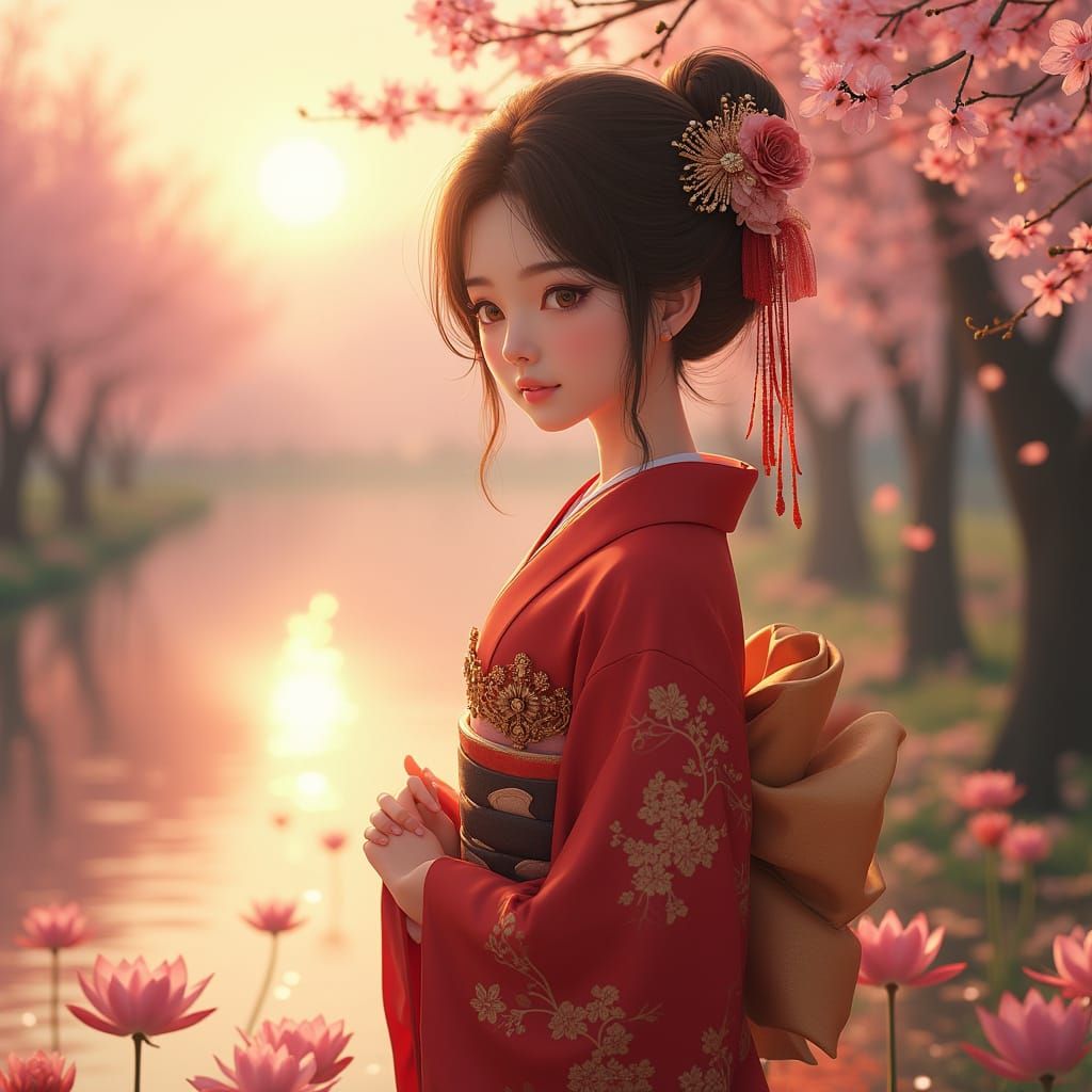 Serene Japanese Princess in Vibrant Red Kimono