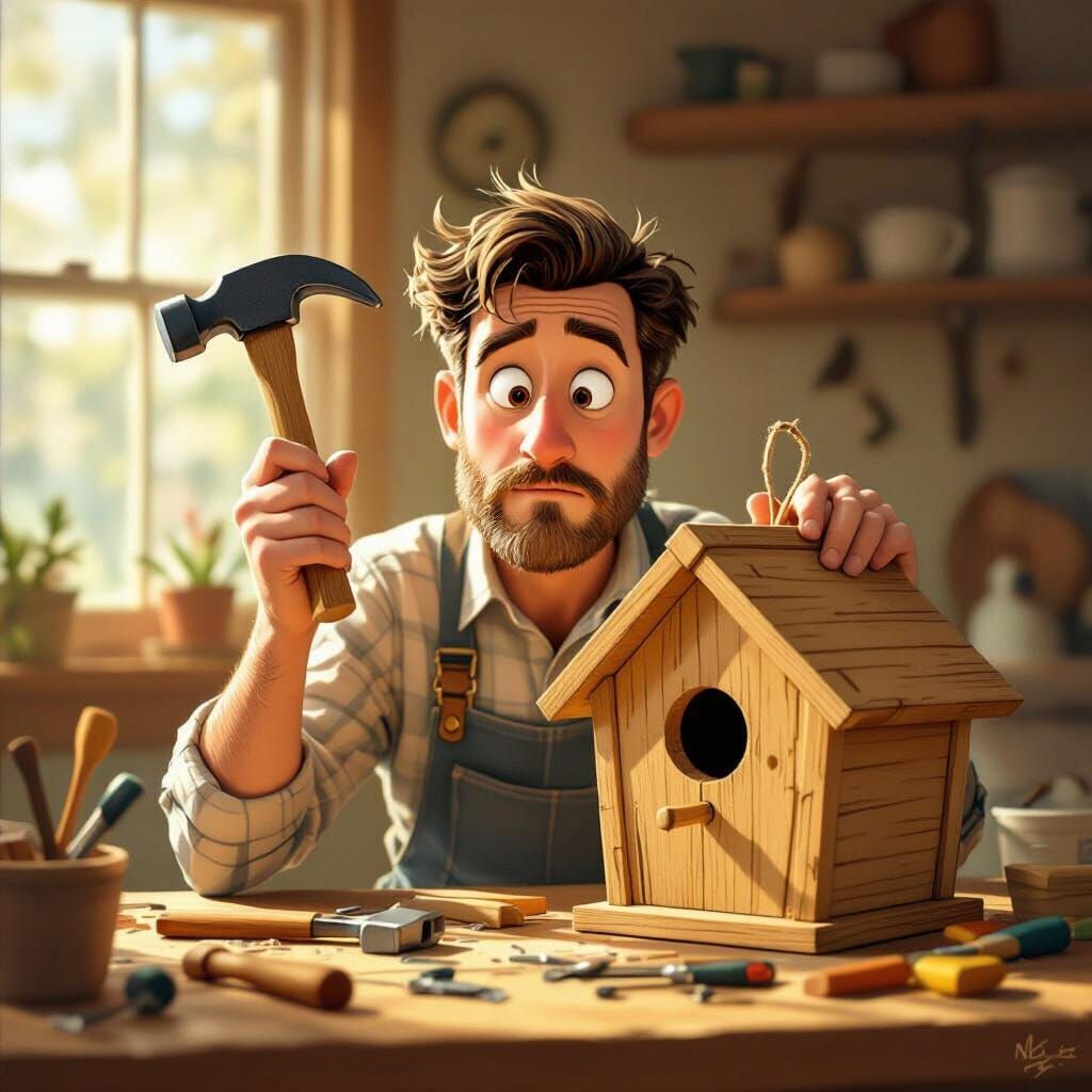 Man Confused by Hammer in Charming Illustrative Style