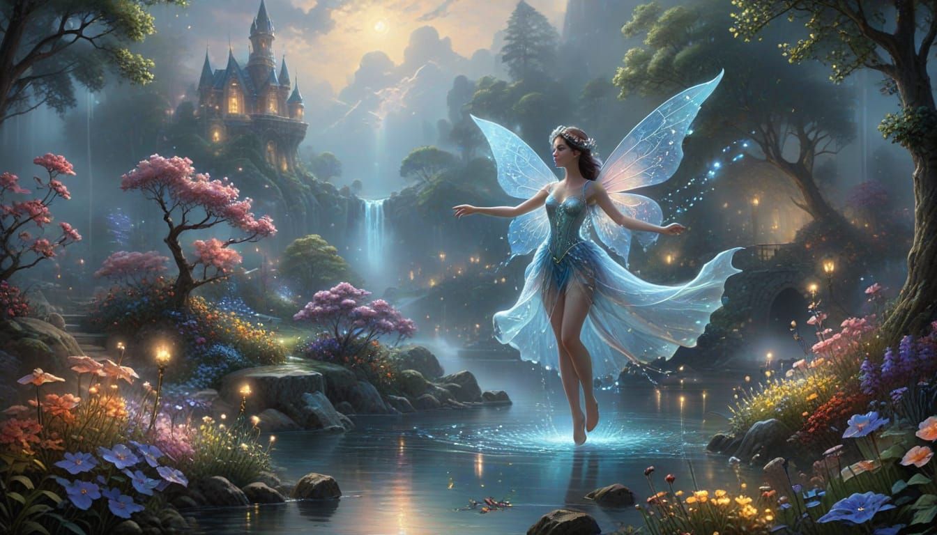 Ethereal Fairy with Translucent Wings in Bioluminescent Gard...