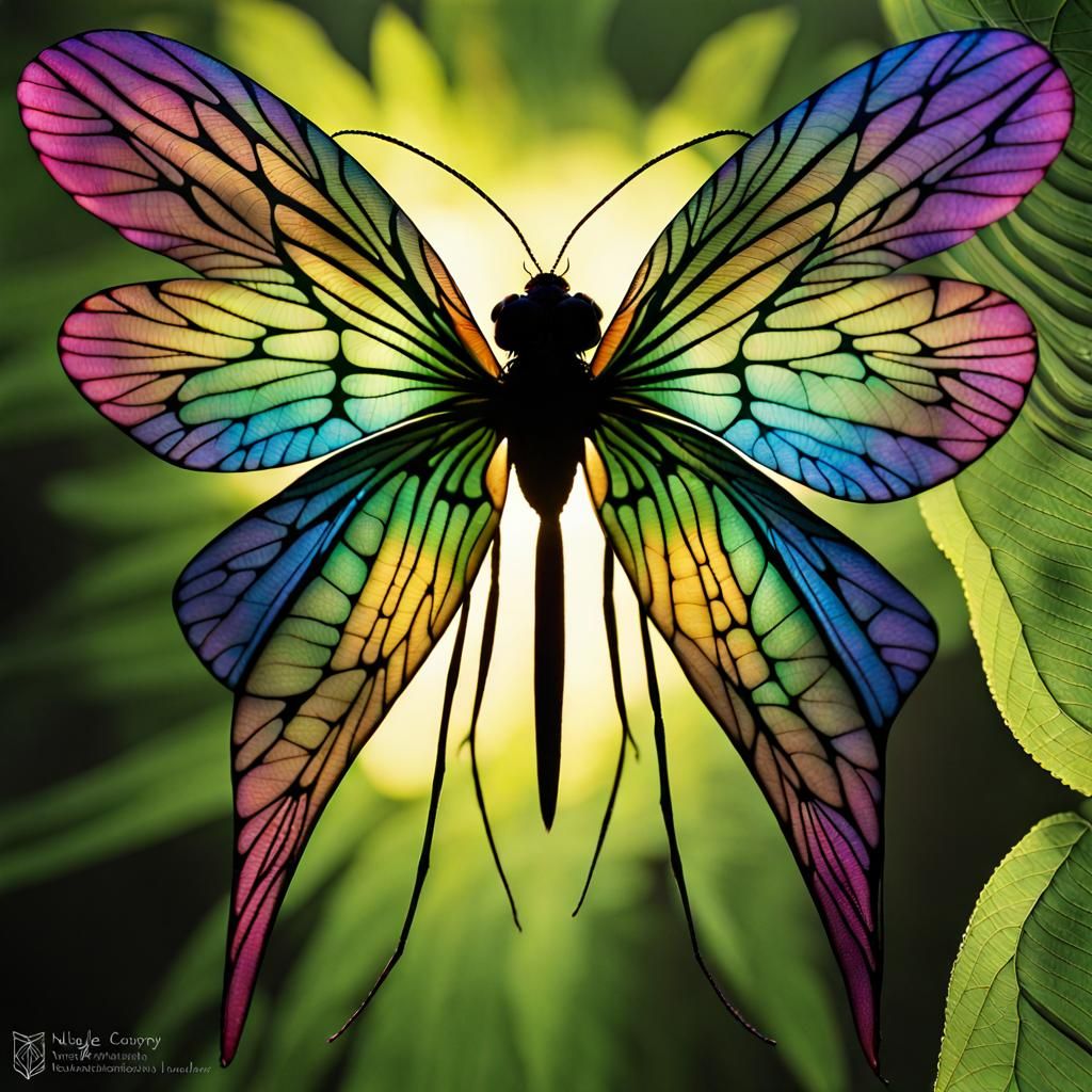 Jungle luminary, an insect with wings that refract the sunlight into a spectrum of colors; its delicate wing patterns ar...