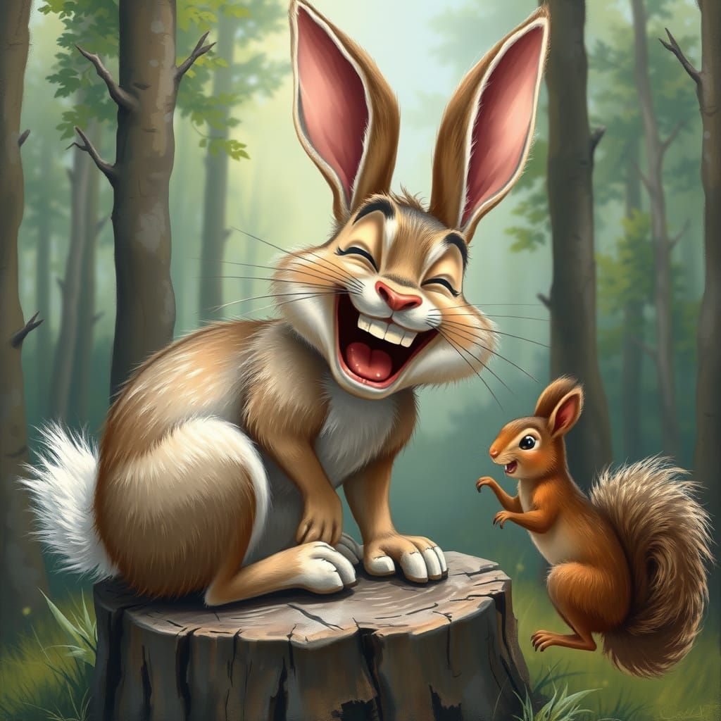 Laughing Bunny in Forest, Hyperdetailed Painting