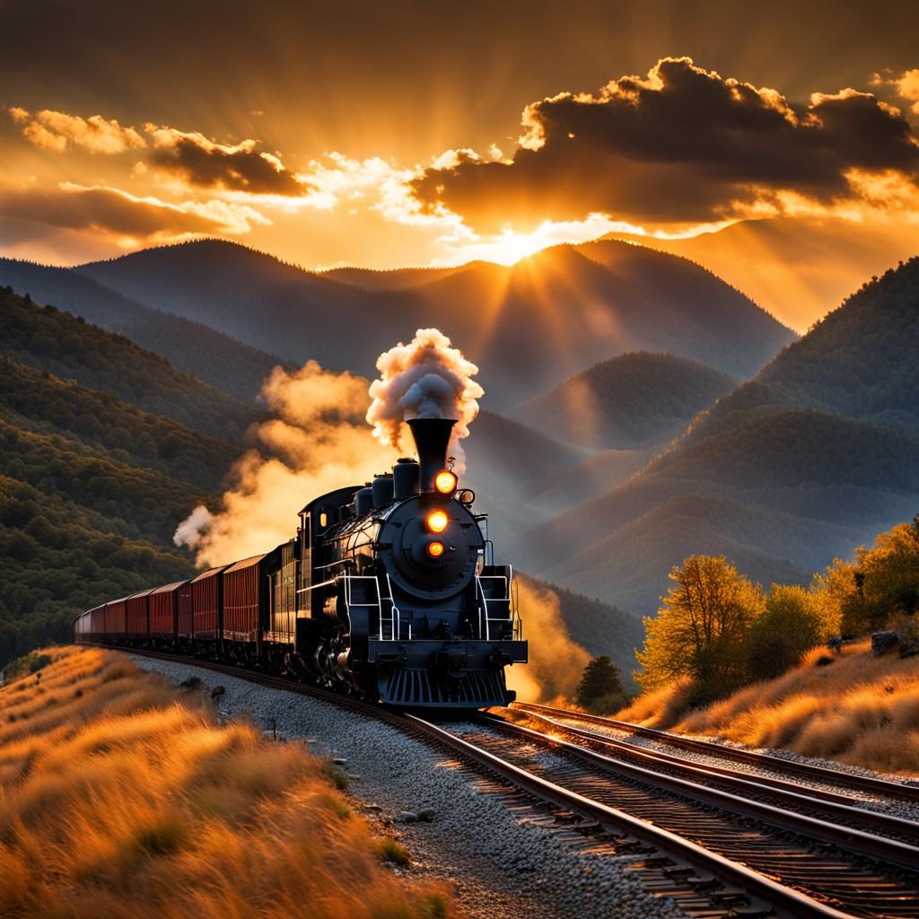 Steam Train at Sunset in Mountain Pass