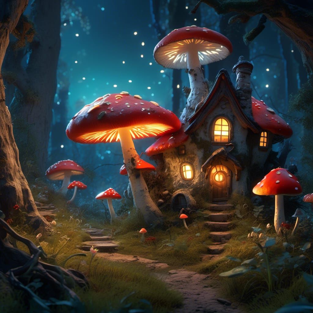 Mushroom Village at Night as 3D Digital Art