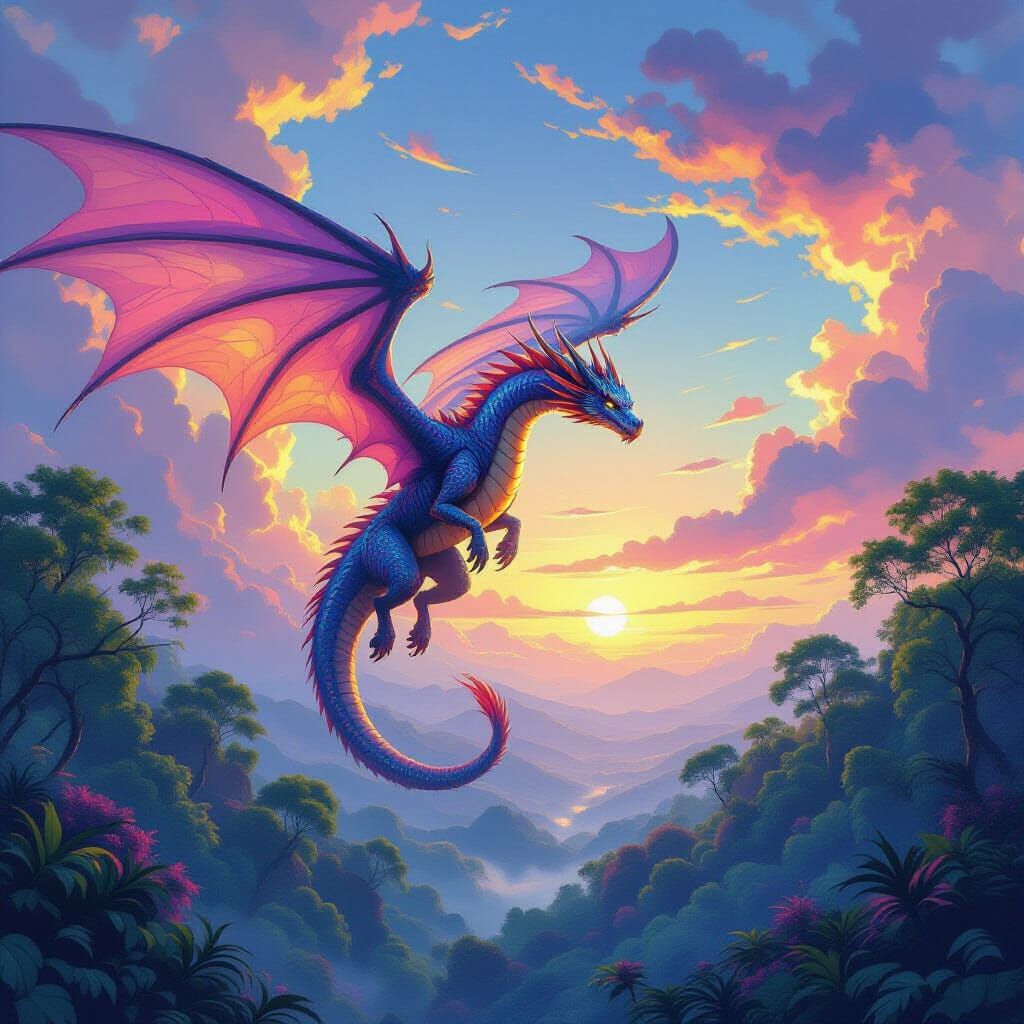 Dragon Soaring Above Alien Forest, Hyper-Realistic Digital A...